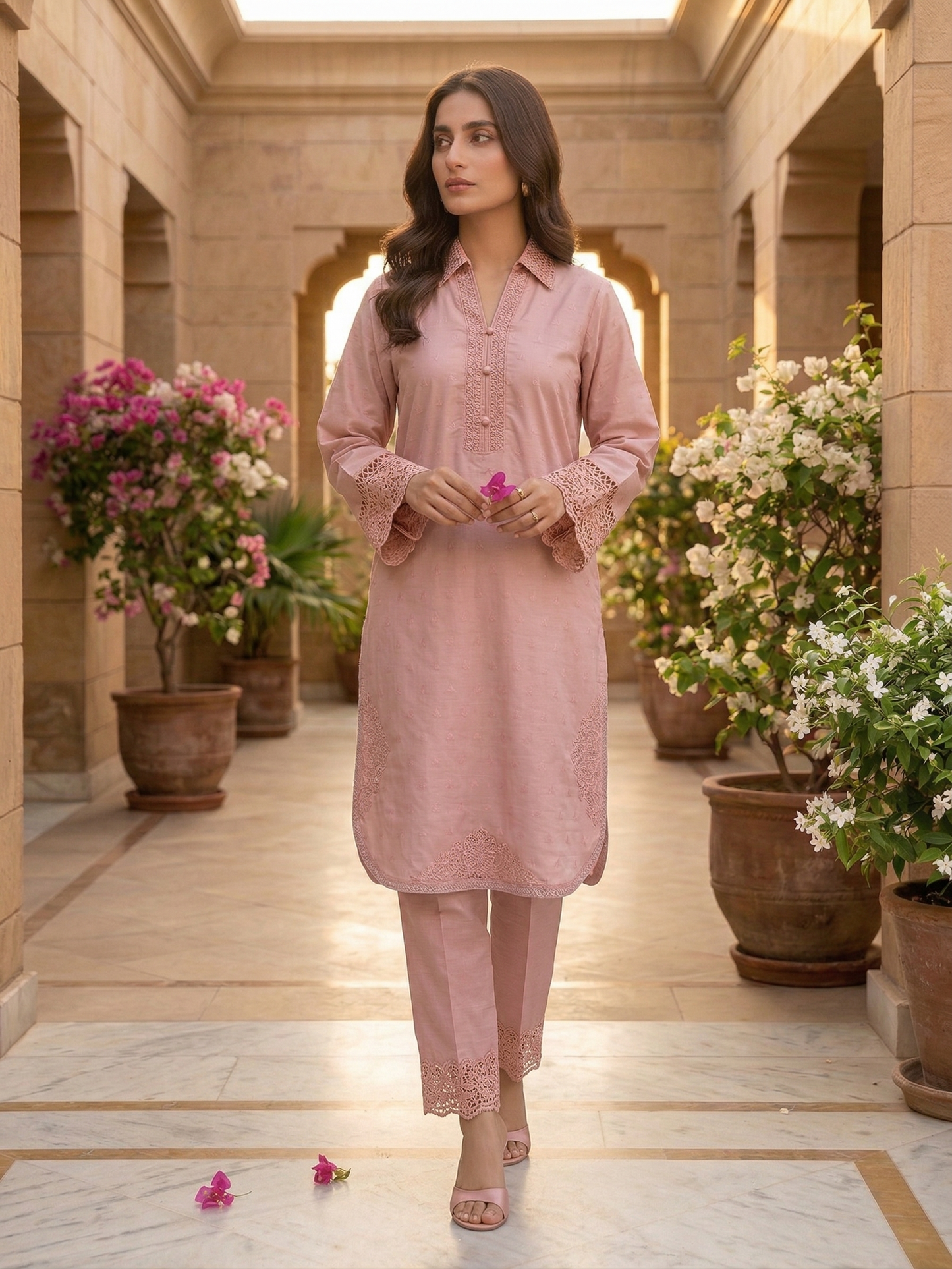 Elegant Stitched 2-Piece Silk Suit with Cutwork Embroidery