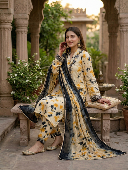 Marble Fusion: Mustard & Slate Silk Elegance