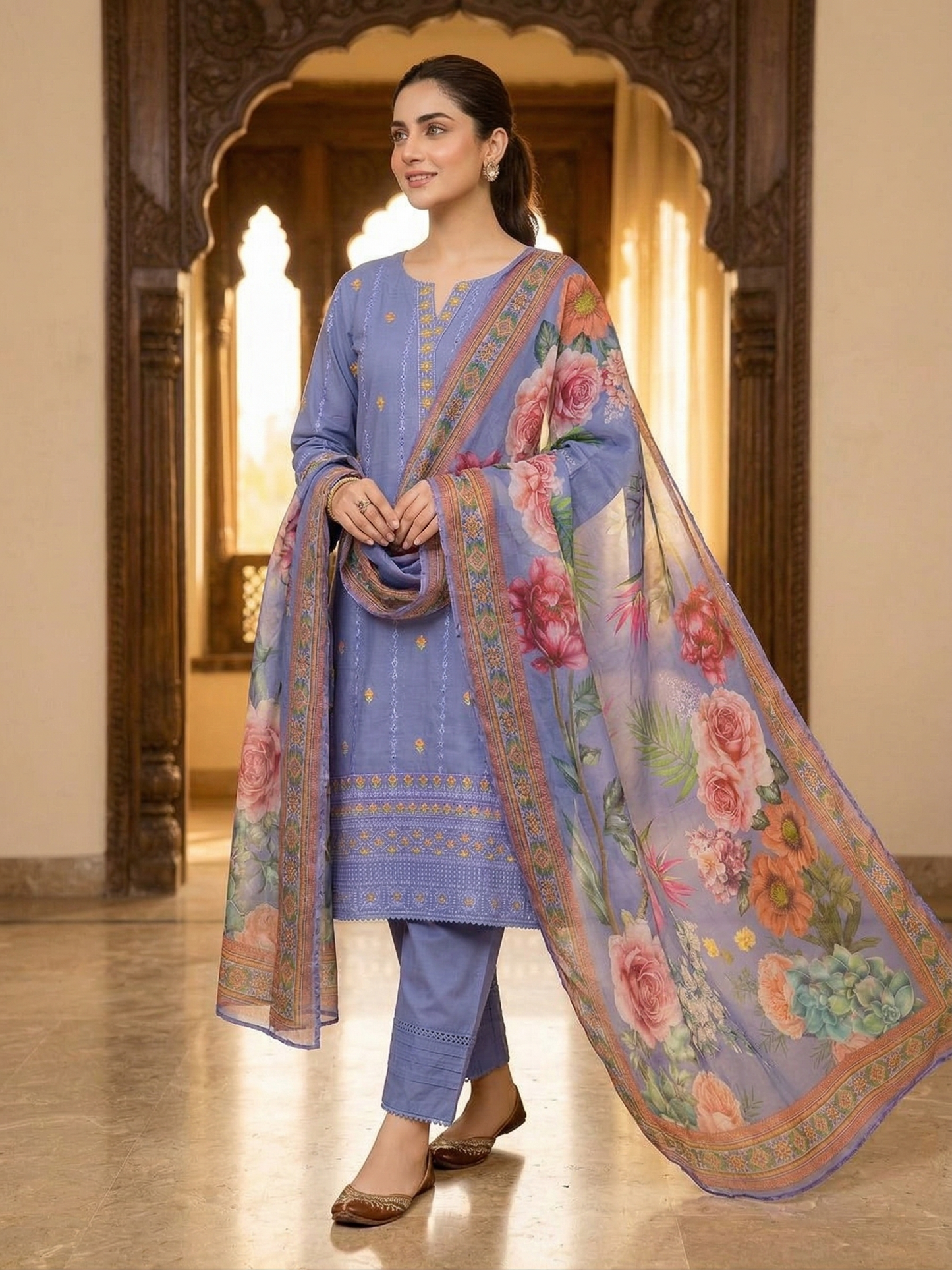 Royal Periwinkle Blue - Embroidered Cotton 3-Piece Suit