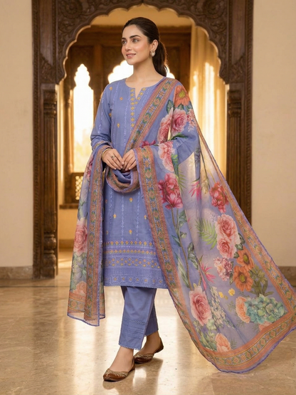 Royal Periwinkle Blue - Embroidered Cotton 3-Piece Suit
