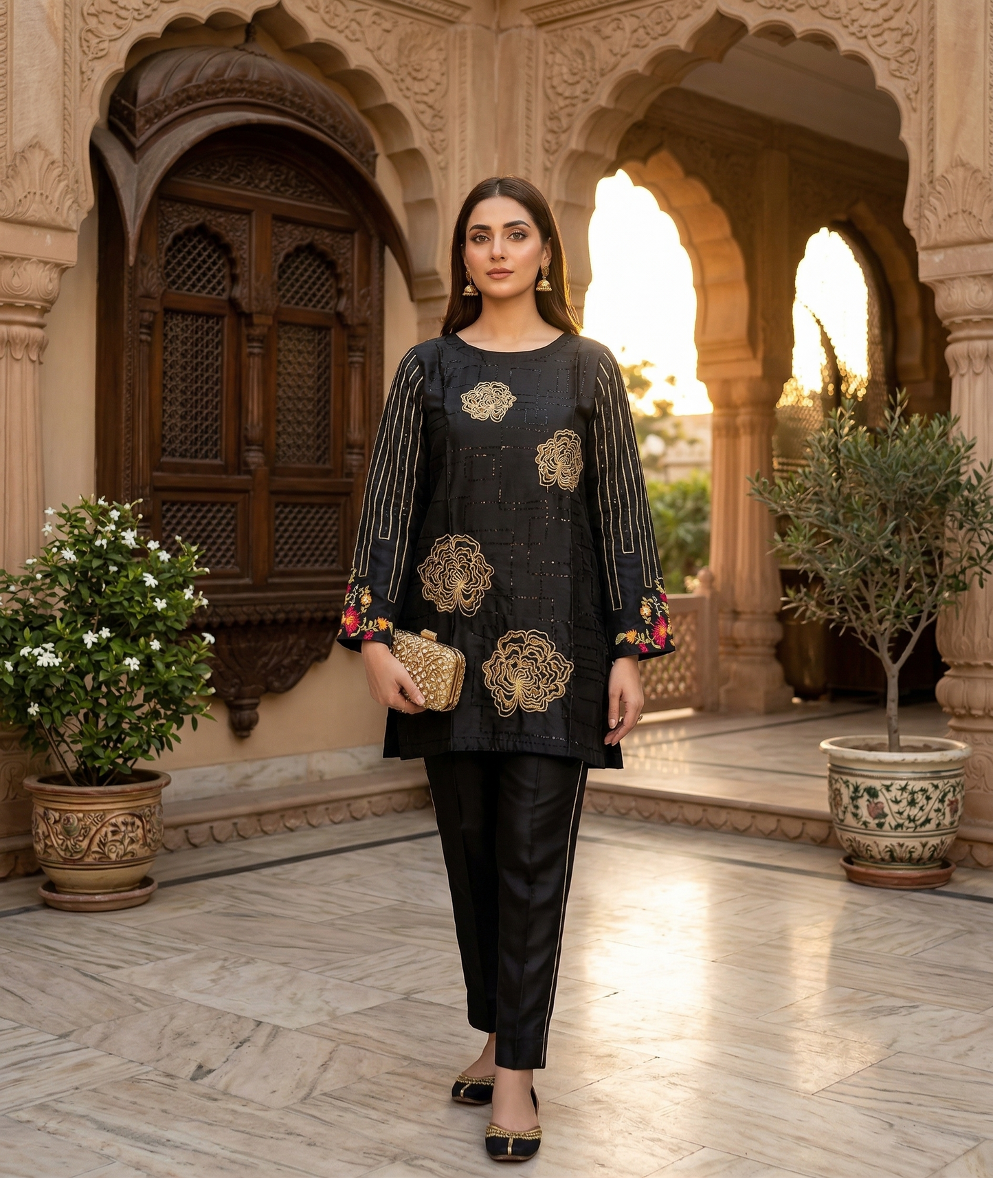 Stitched Black Silk-Satin Festive 1-Piece shirt with Gold Rose Motifs