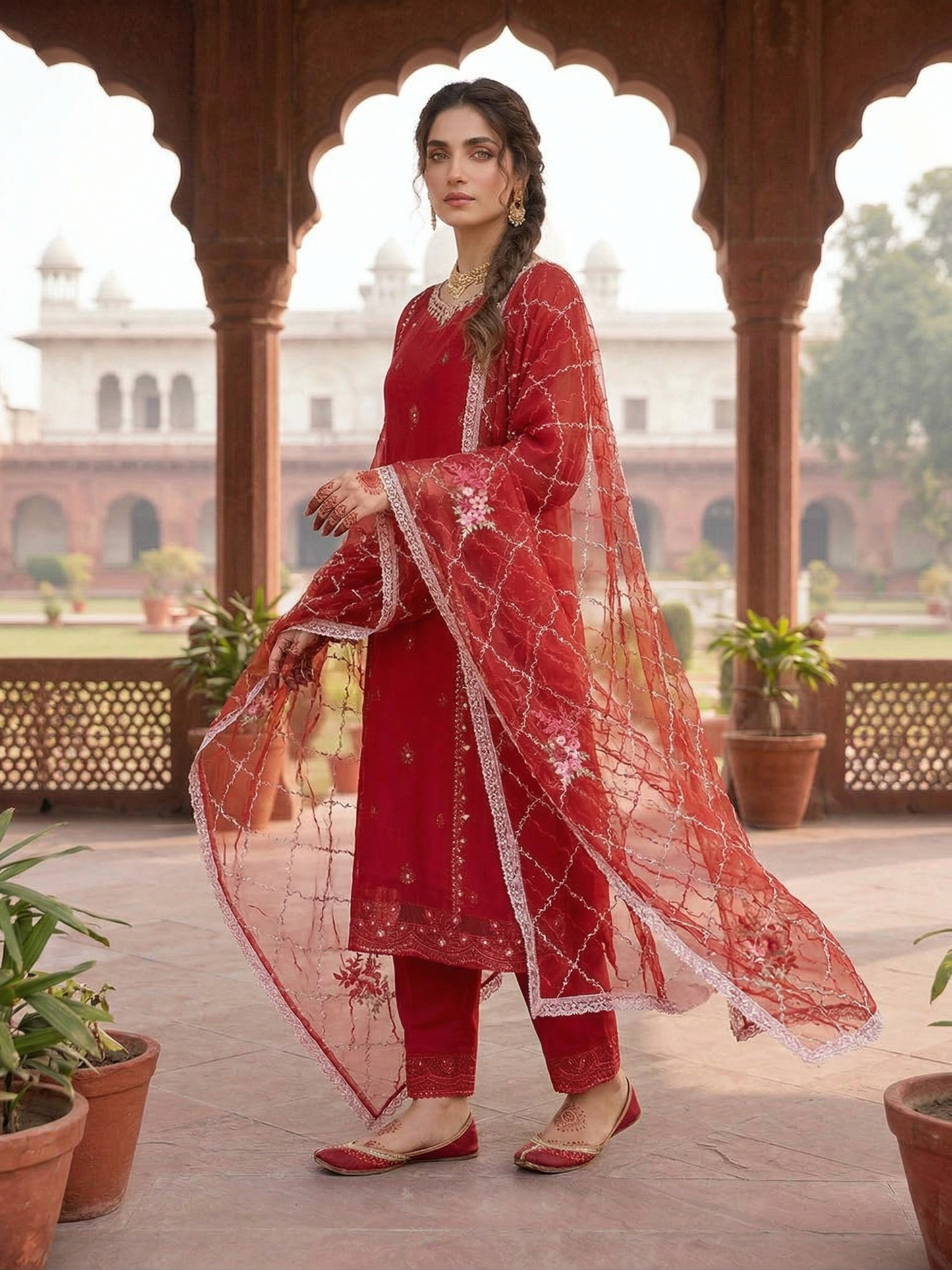 Elegant Ruby Red Stitched 2-Piece Embroidered Chiffon Suit