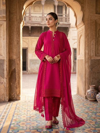 Vibrant Fuchsia Premium Stitched Cotton 3-Piece Suit