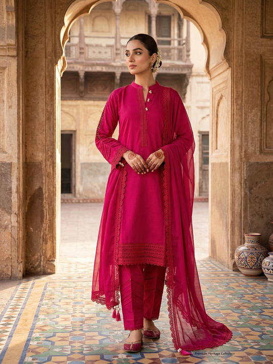 Vibrant Fuchsia Premium Stitched Cotton 3-Piece Suit