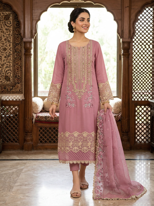 Blush Blossom: 2-Piece Embroidered Chiffon Festive Suit