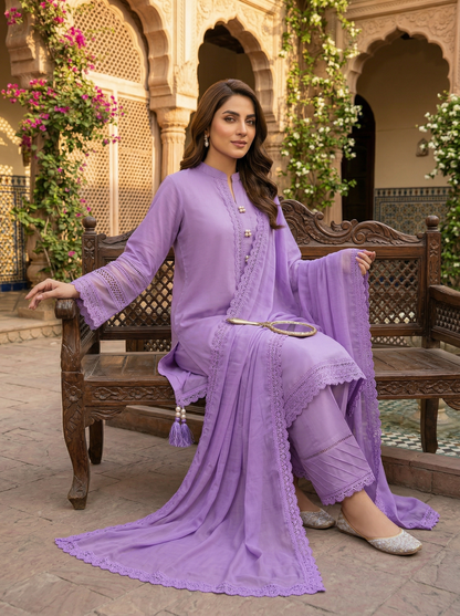 Elegant Lilac 3-Piece Stitched Cotton Suit with Pearl & Lace Detailing