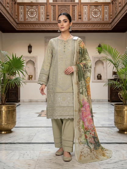 Elegant Sage Green Schiffli Embroidered 3-Piece Cotton Suit