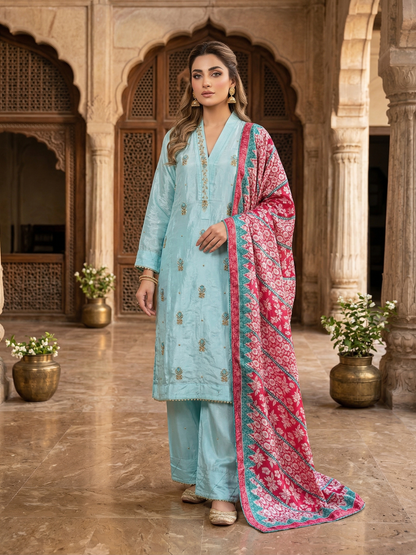 Stitched Aqua Embroidered Silk 3-Piece Suit with Contrasting Pink Dupatta