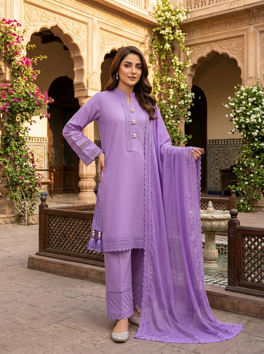 Elegant Lilac 3-Piece Stitched Cotton Suit with Pearl & Lace Detailing