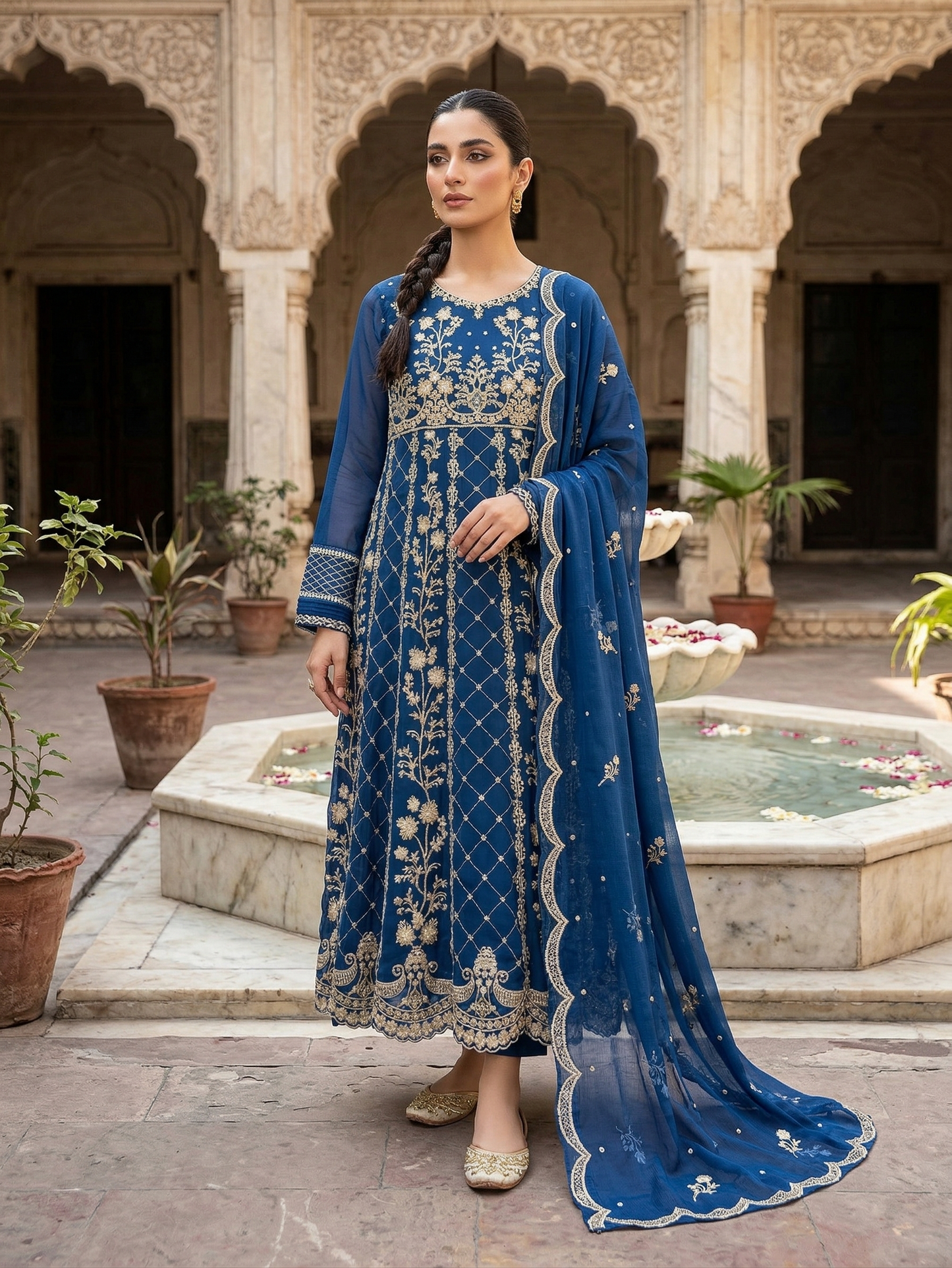 Midnight Azure Chiffon Heritage – Stitched 2-Piece Festive Suit
