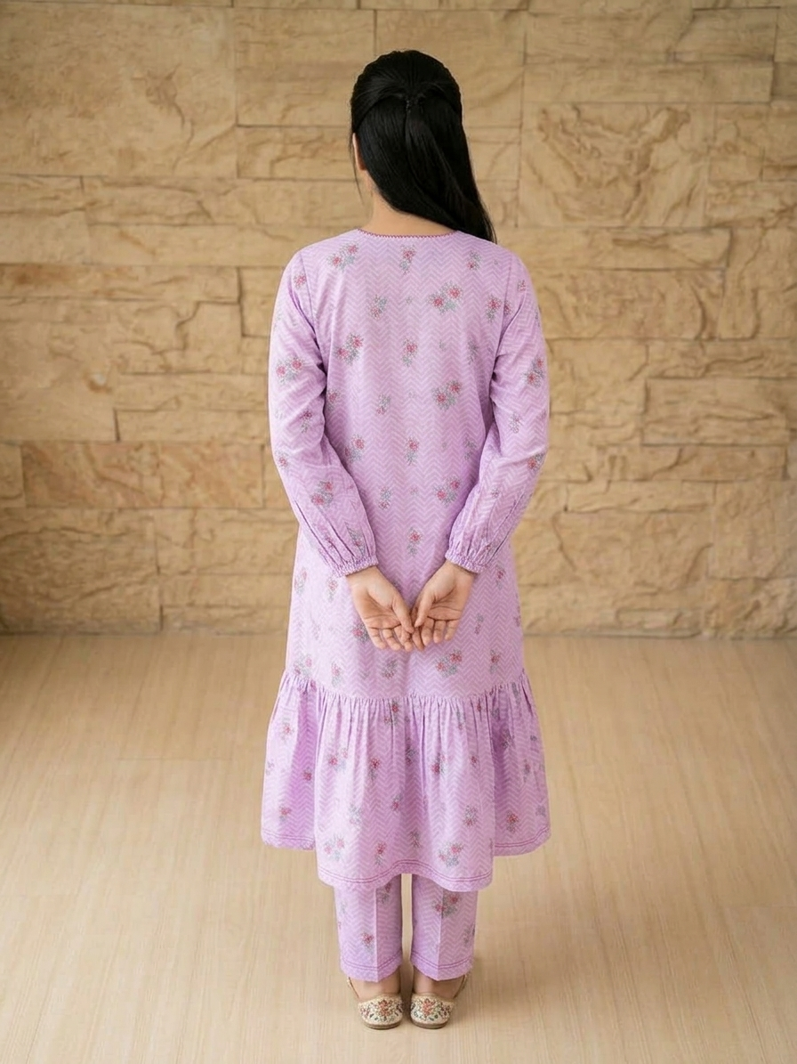 Sadabahar Lilac Meadow – Printed 2-Piece Cotton Frock & Trouser Set