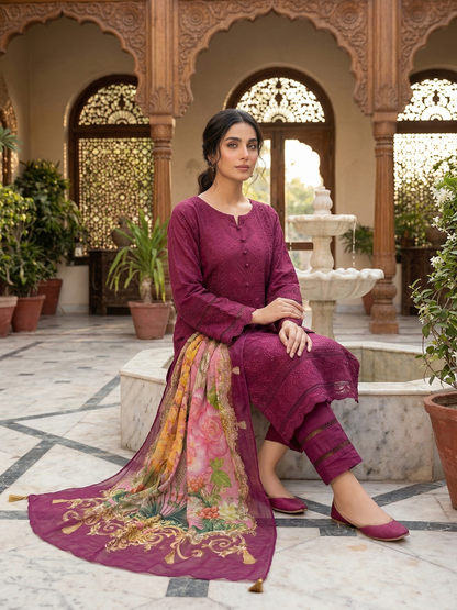 Elegant Embroidered Cotton 3-Piece Suit with Floral Chiffon Dupatta