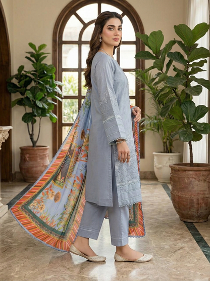 Serene Slate – Embroidered Cotton 3-Piece Suite with Digital Print Chiffon Dupatta