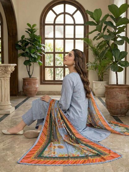 Serene Slate – Embroidered Cotton 3-Piece Suite with Digital Print Chiffon Dupatta