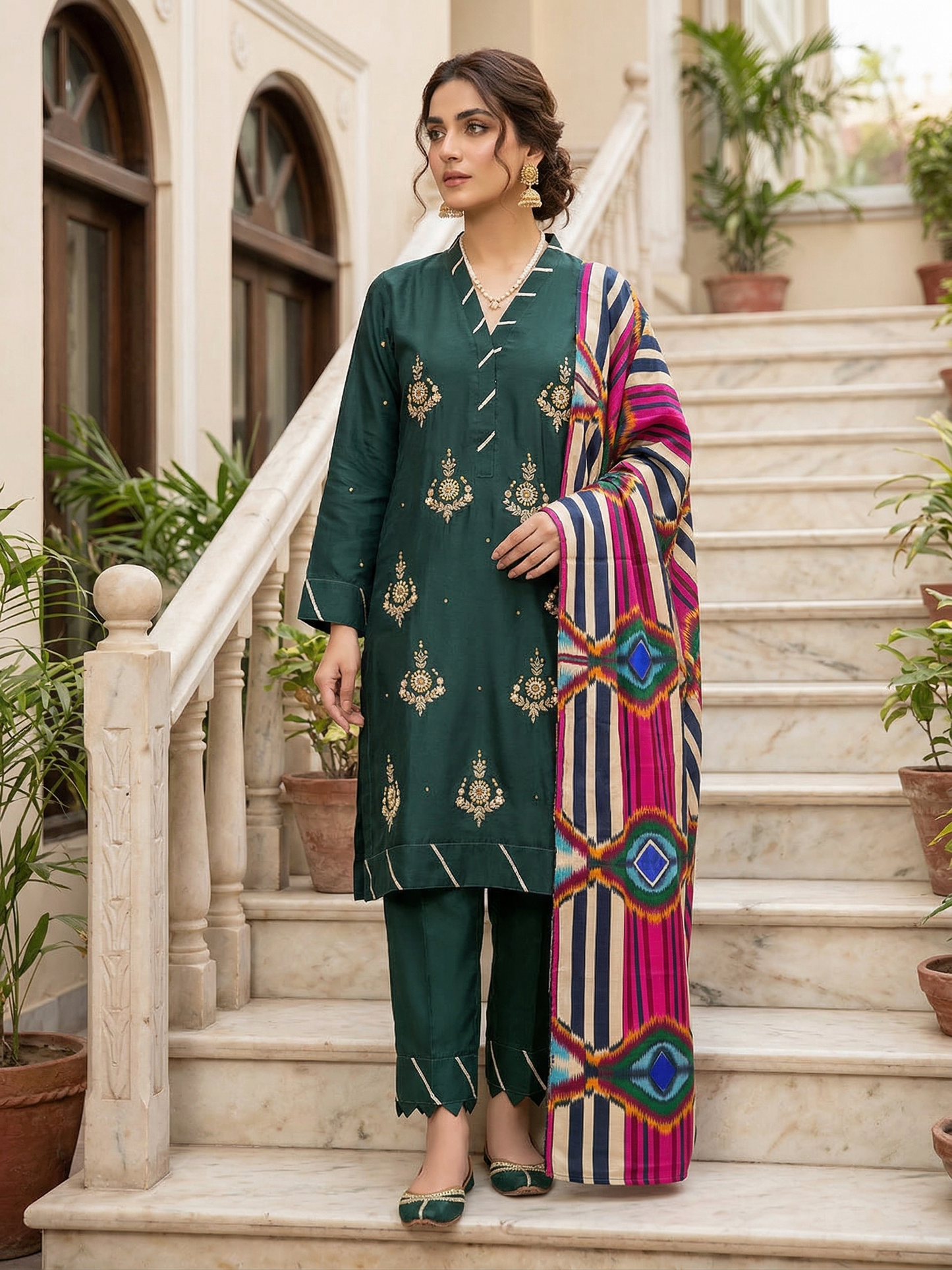Luxury Stitched 3-Piece Silk Festive Suit - Deep Emerald