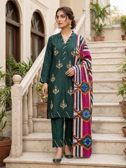 Luxury Stitched 3-Piece Silk Festive Suit - Deep Emerald