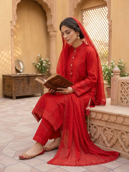Radiant Crimson Stitched 3-Piece Cotton Suit