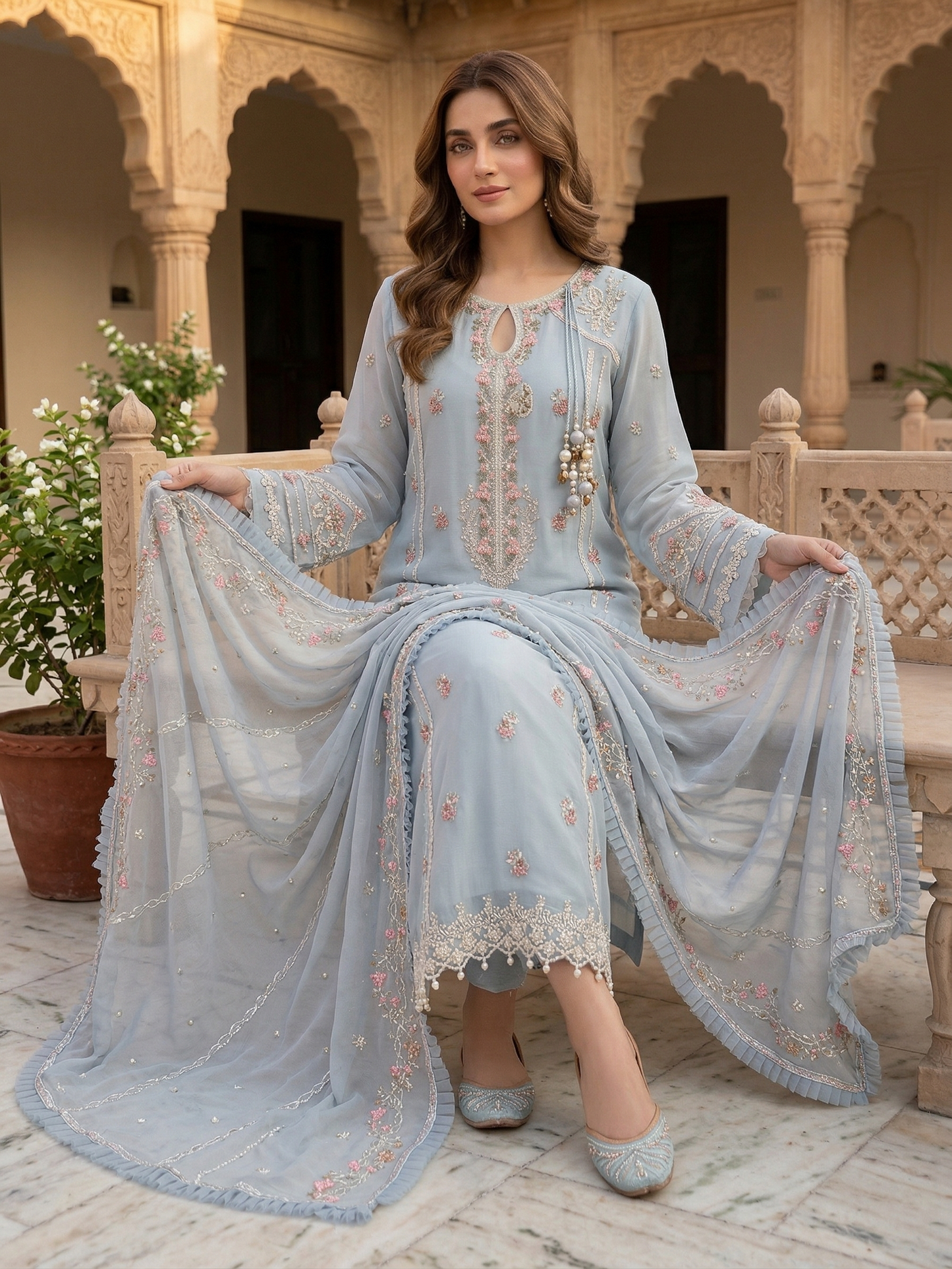 Blue Pearl-Embroidered Chiffon 2-Piece Suit