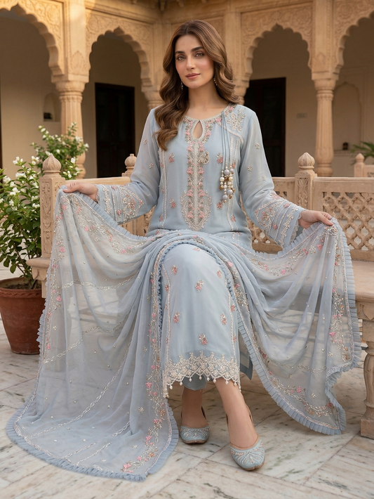 Blue Pearl-Embroidered Chiffon 2-Piece Suit