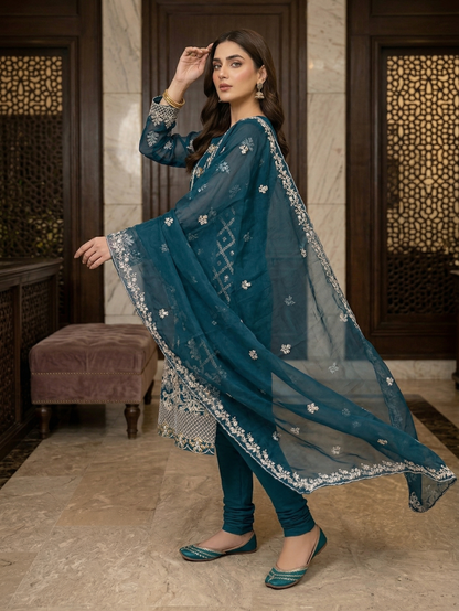 Teal Elegance: Embroidered Chiffon & Organza 2-Piece Suit