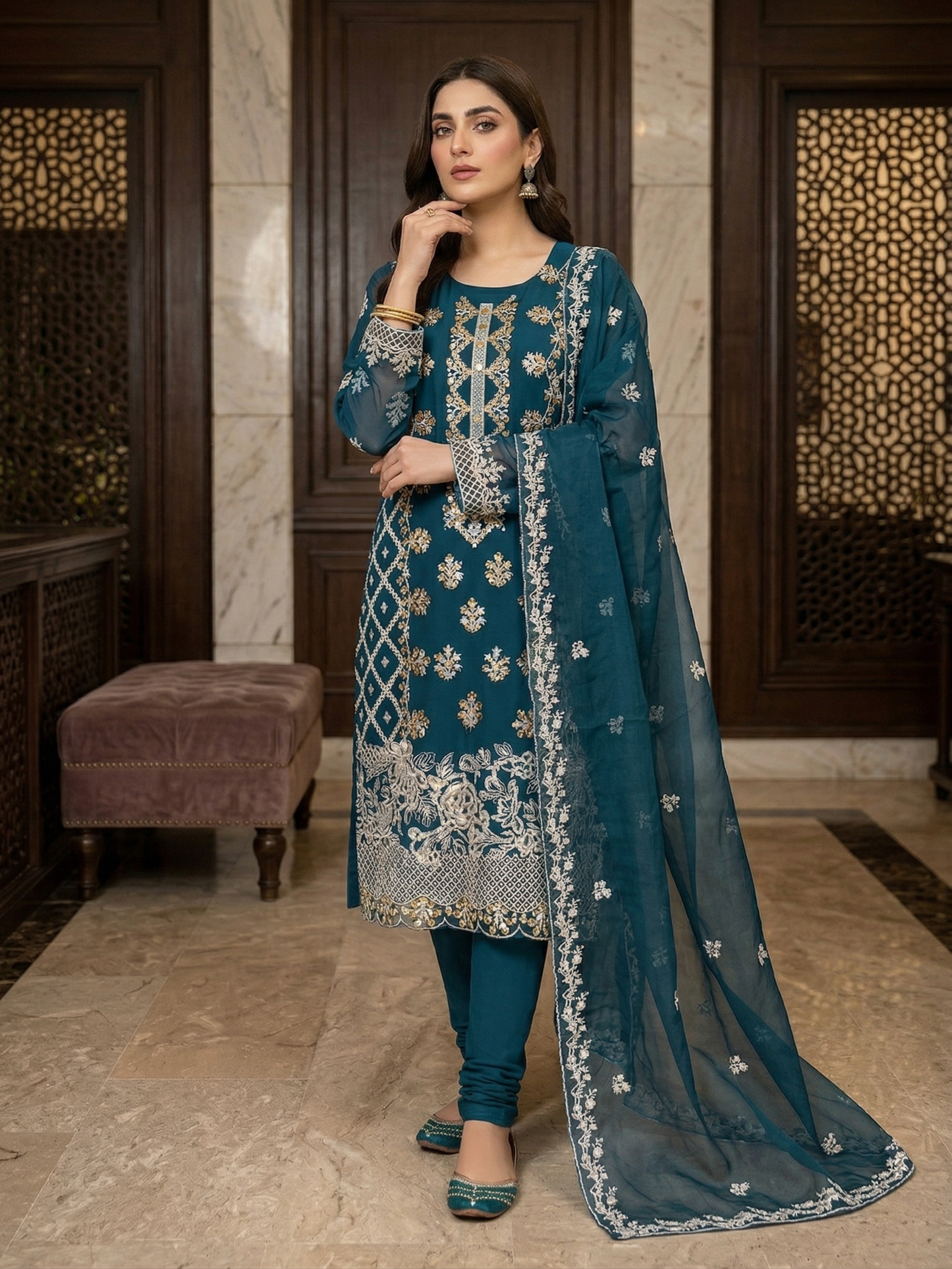 Teal Elegance: Embroidered Chiffon & Organza 2-Piece Suit