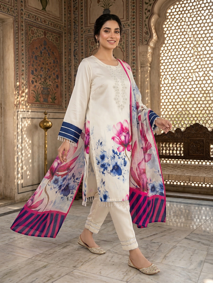 Ivory Blossom 3-Piece Stitched Silk Suit