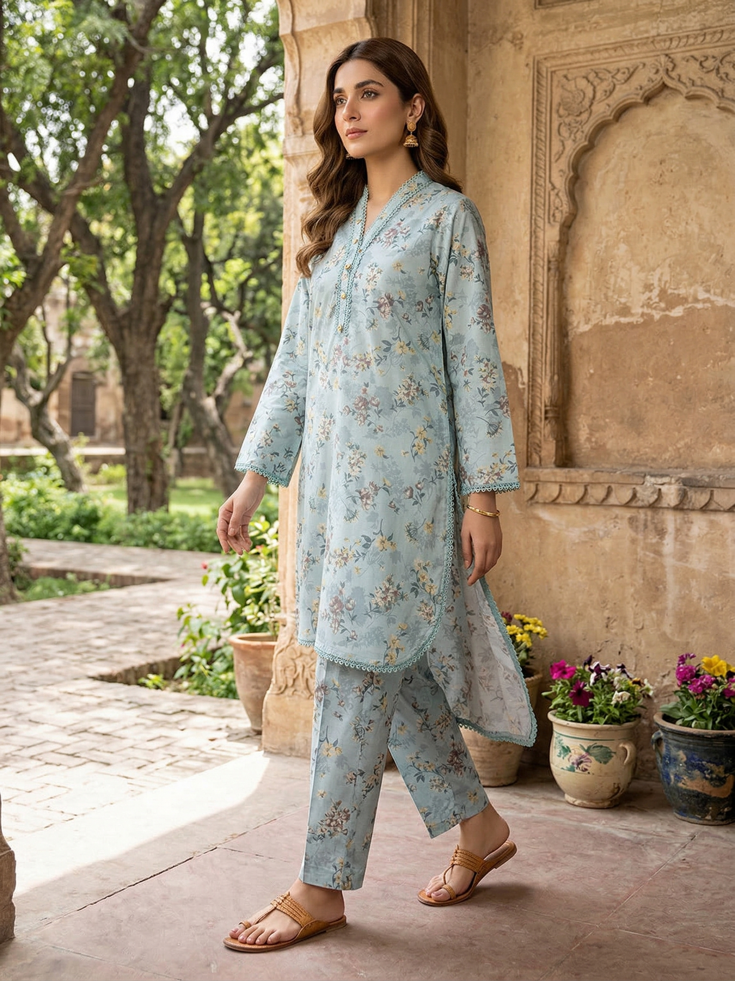 HZ Serene Powder Blue Floral Stitched 2-Piece Lawn Suit