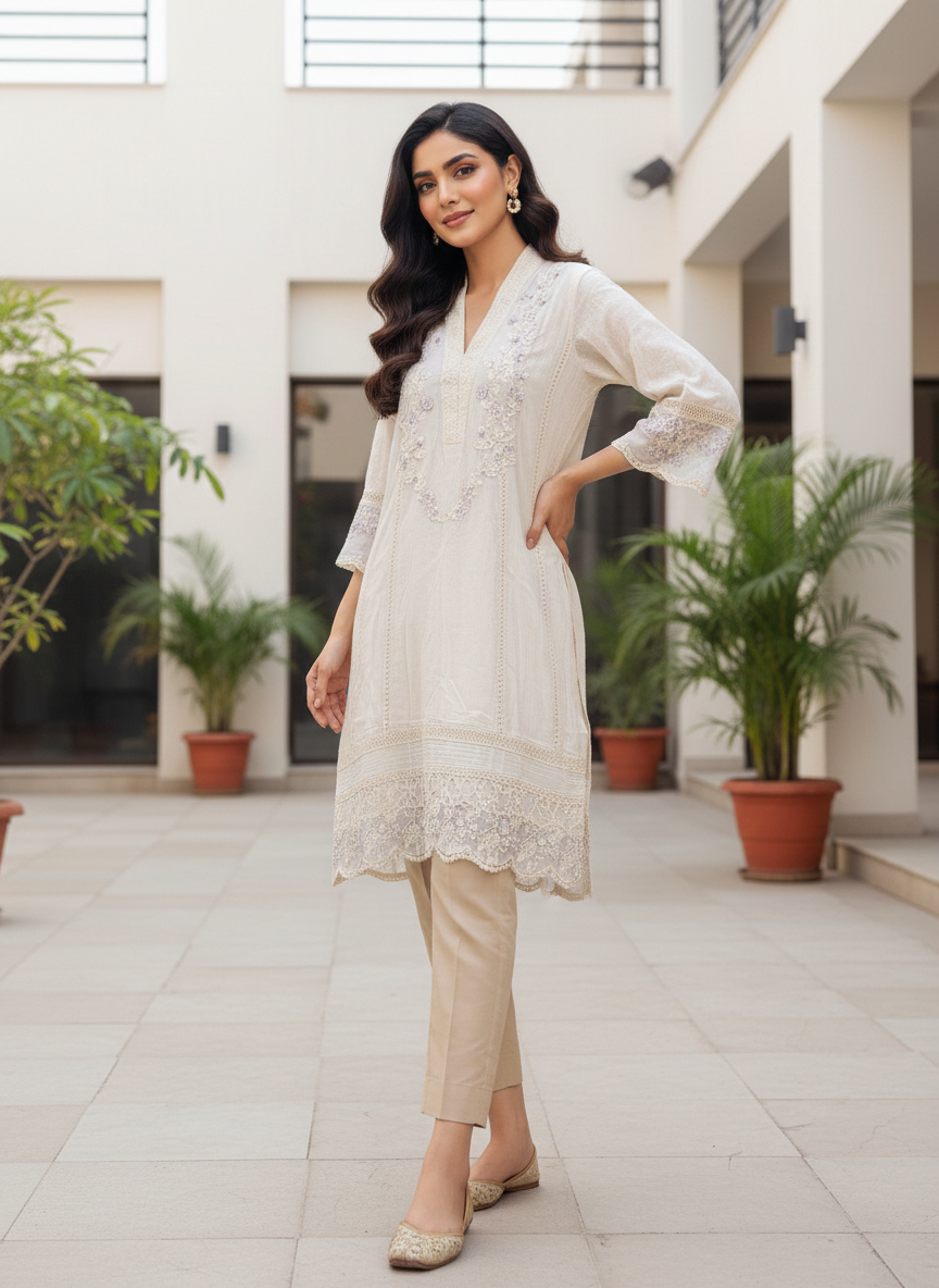AZURE Luxury Embroidered Cotton Net Shirt – Cream Elegance