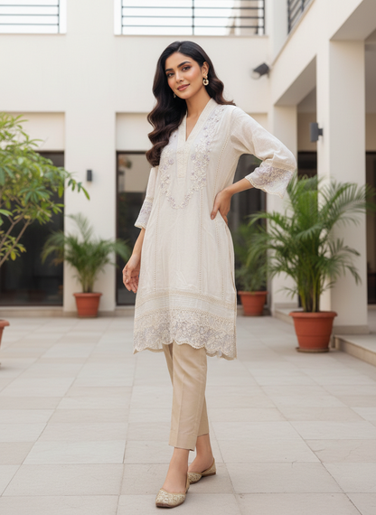 AZURE Luxury Embroidered Cotton Net Shirt – Cream Elegance