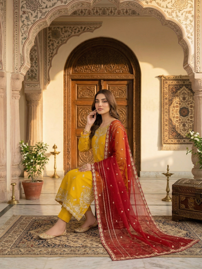 mustard & Crimson Chiffon Elegance