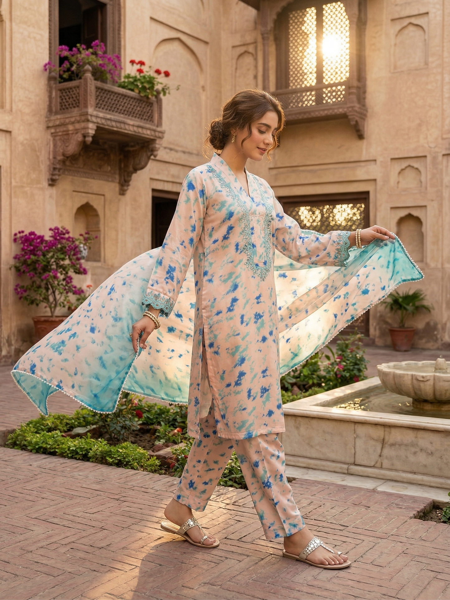 Aqua Bloom: Premium 3-Piece Printed Silk Suit
