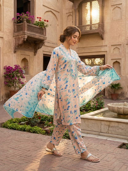 Aqua Bloom: Premium 3-Piece Printed Silk Suit