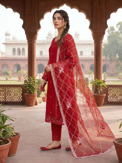 Elegant Ruby Red Stitched 2-Piece Embroidered Chiffon Suit