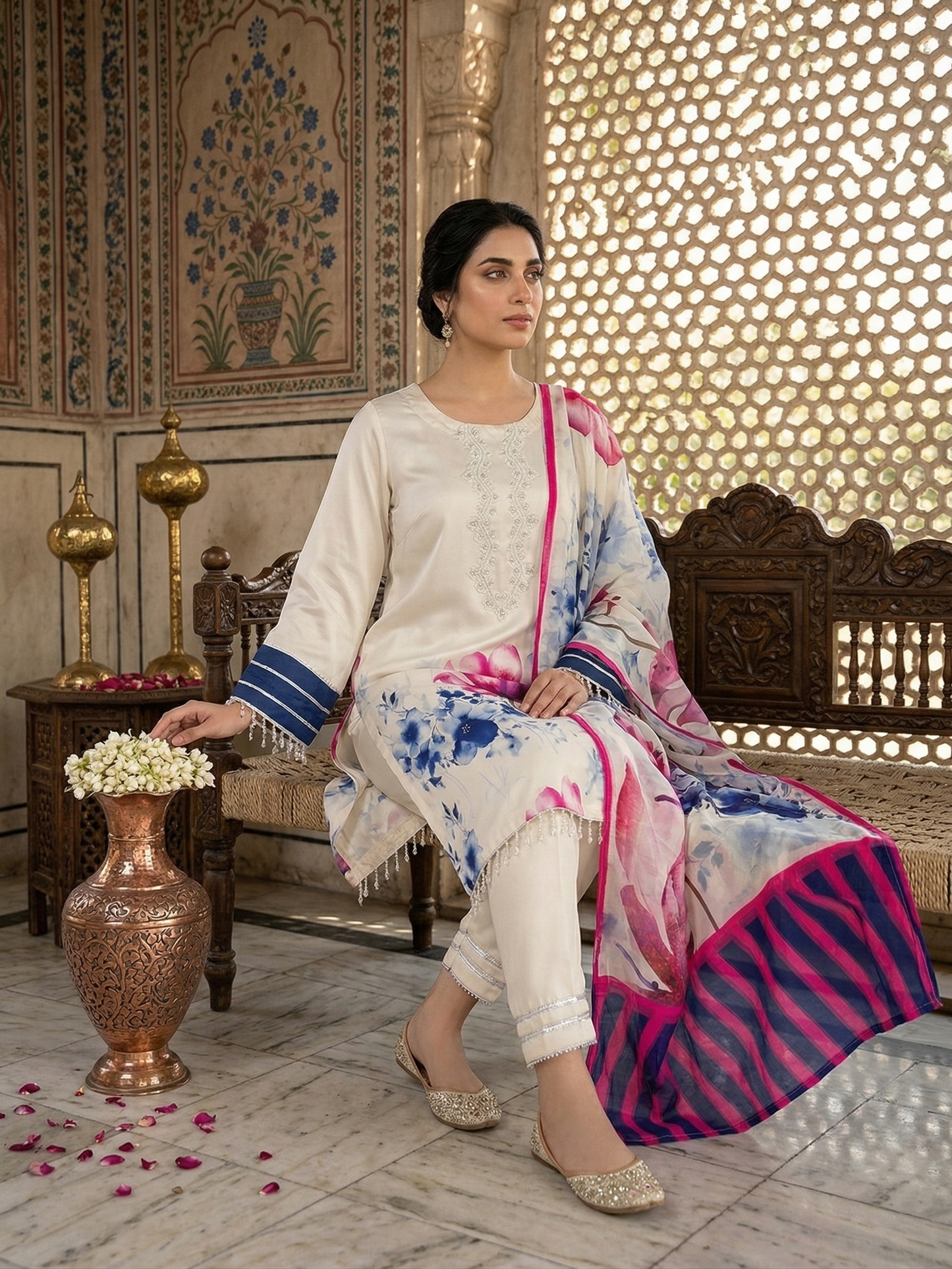 Ivory Blossom 3-Piece Stitched Silk Suit