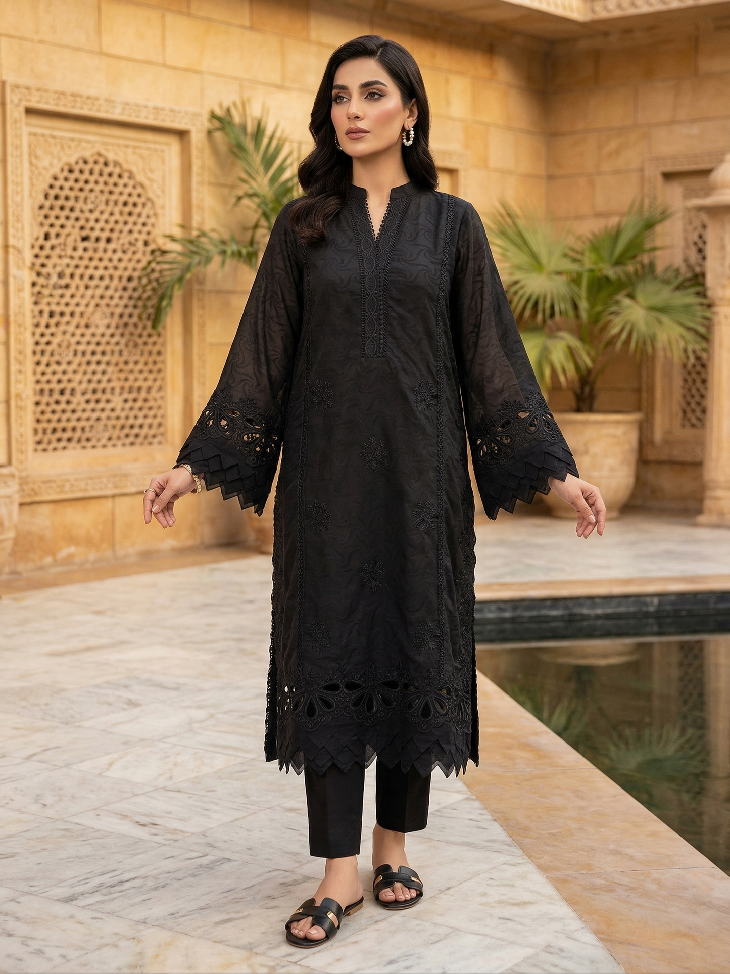 Nuréh Premium Black Embroidered Cutwork Shirt (1-Piece Stitched)