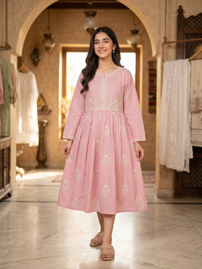 Delicate Dream: Embroidered Rose Pink Frock