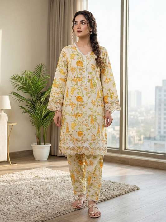 Bin Saeed Floral Grace – Stitched Lawn 2-Piece Embroidered Suit