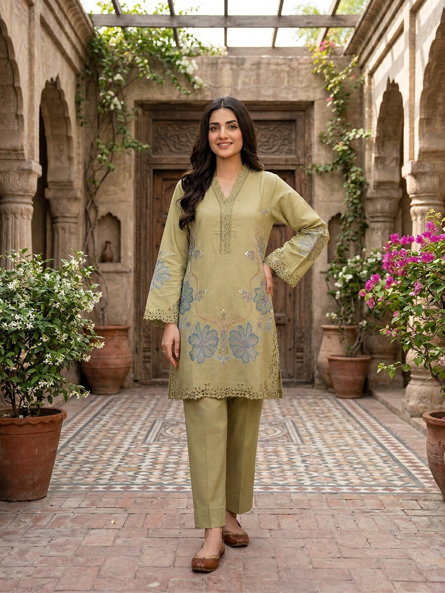 Premium Olive Green Floral Embroidered Lawn shirt