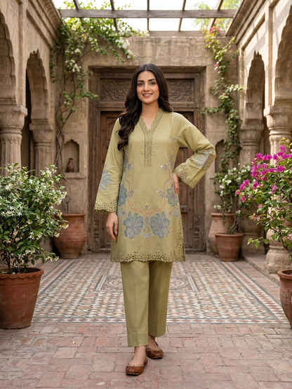 Premium Olive Green Floral Embroidered Lawn shirt