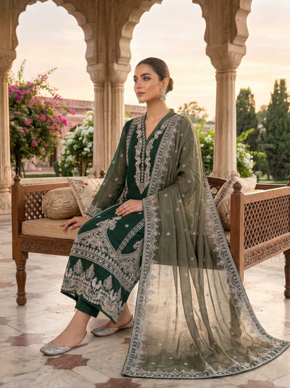 Emerald Elegance 2-Piece Embroidered Chiffon Suit
