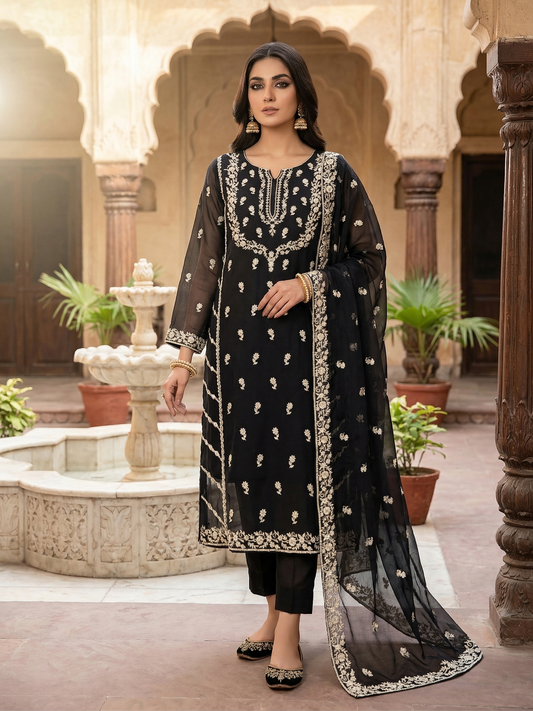 Stitched 2-Piece Embroidered Chiffon Suit – Midnight Onyx