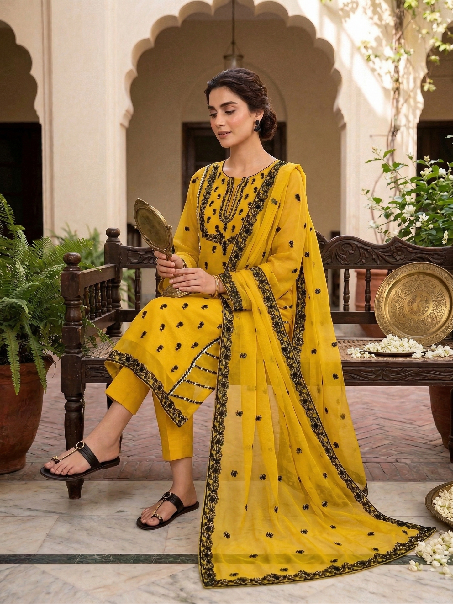 Radiant Mustard Yellow Embroidered Chiffon 2-Piece Suit