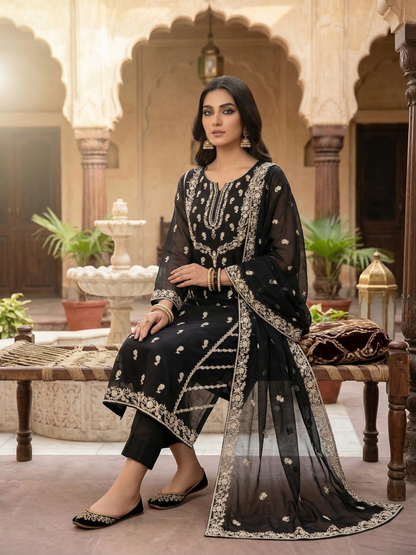 Stitched 2-Piece Embroidered Chiffon Suit – Midnight Onyx