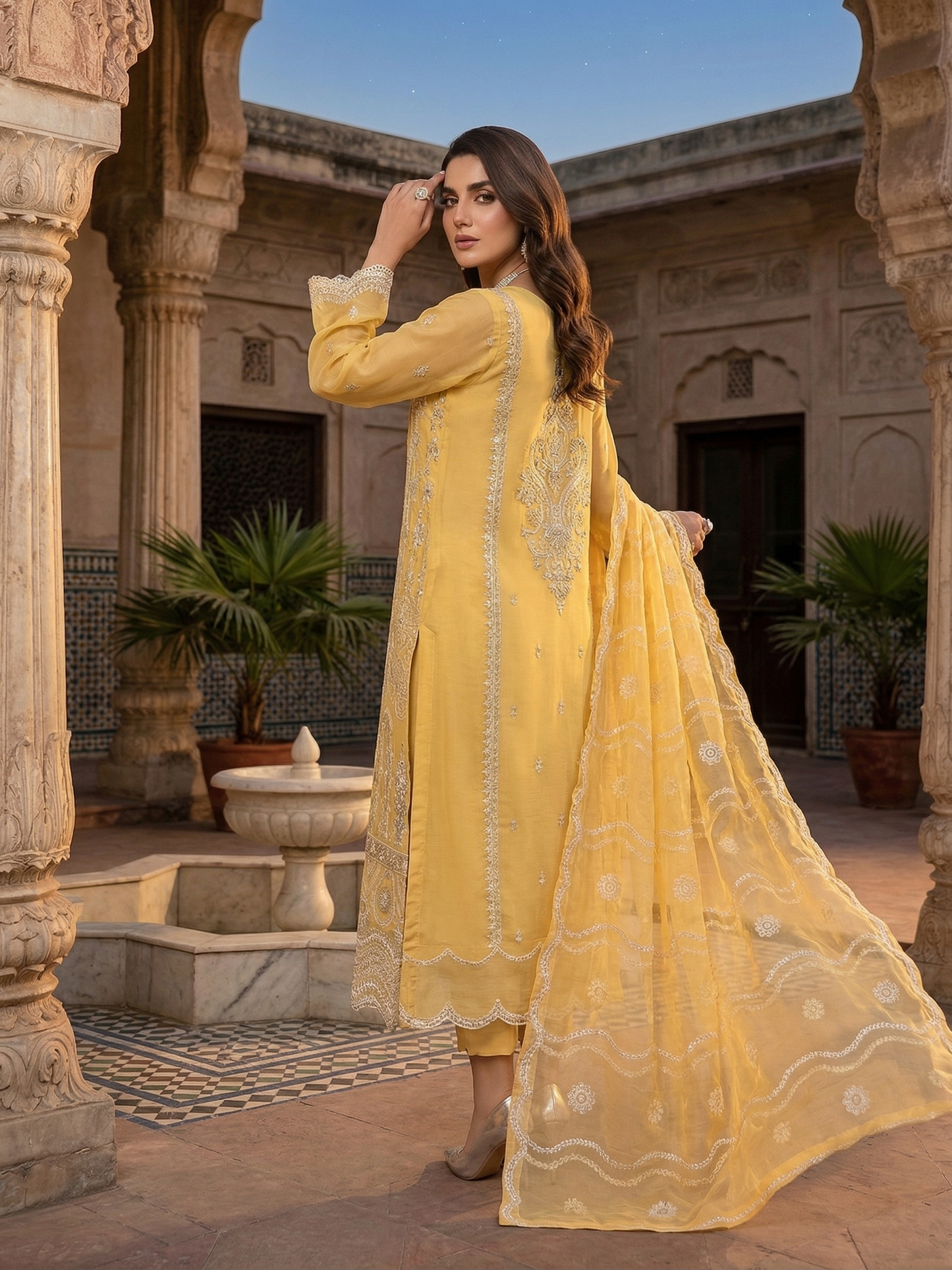Elegant Canary Yellow Embroidered Chiffon 2-Piece Suit