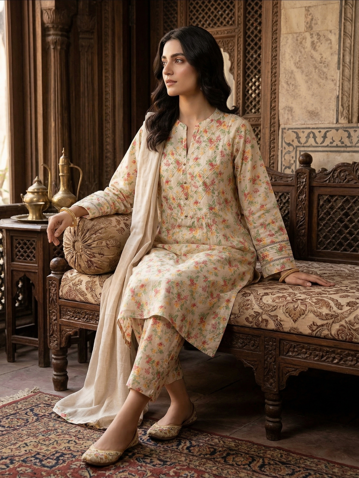 sadabahar Vintage Floral Bliss: 2-Piece Printed lawn Ensemble