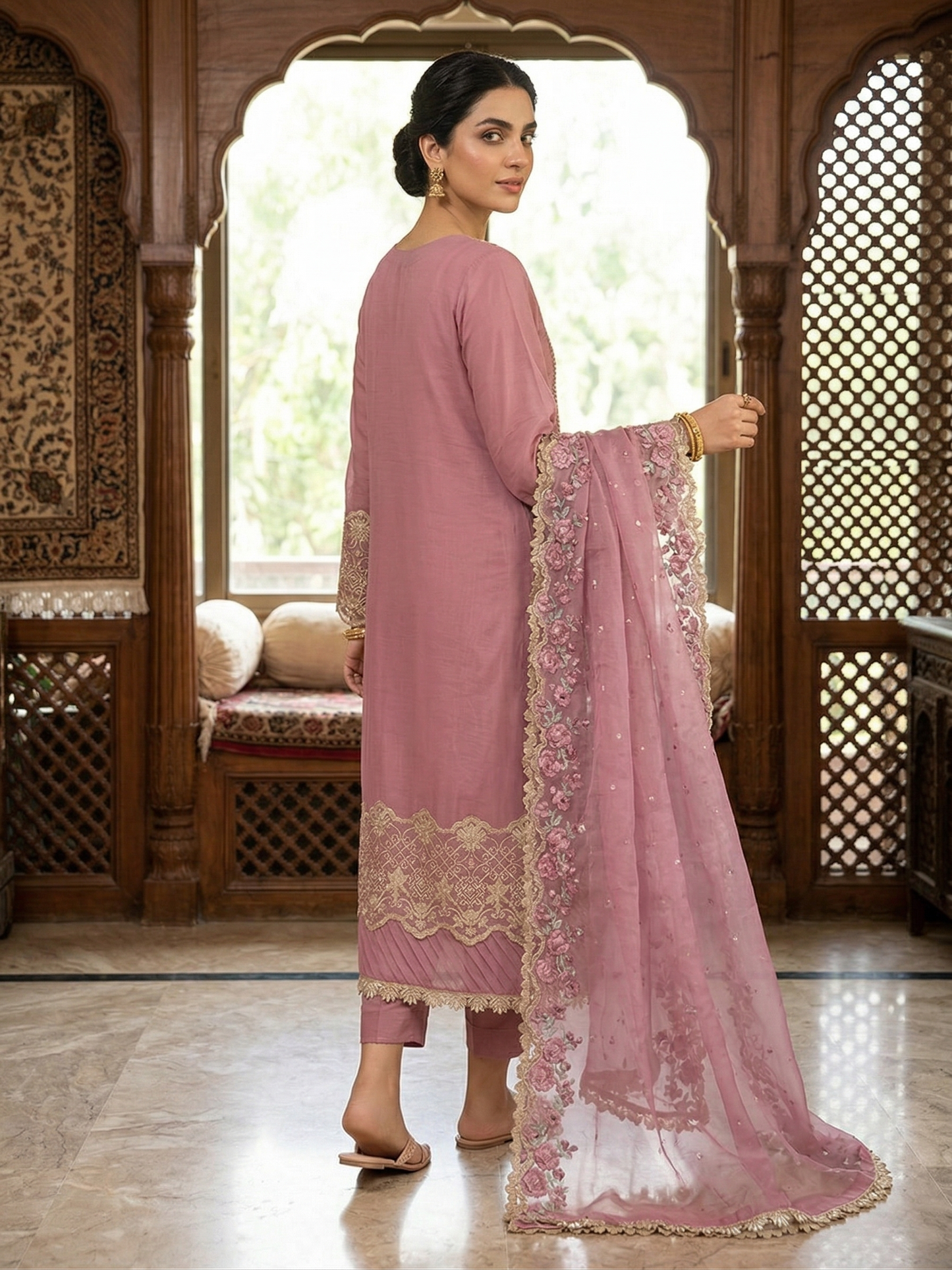 Blush Blossom: 2-Piece Embroidered Chiffon Festive Suit