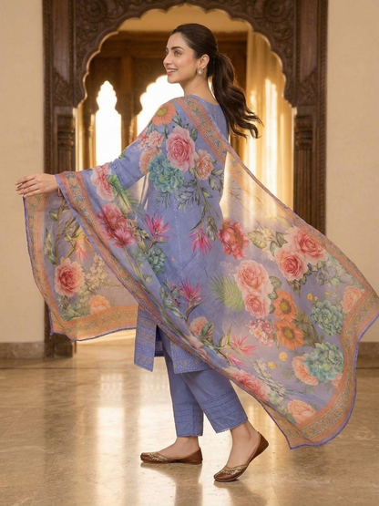 Royal Periwinkle Blue - Embroidered Cotton 3-Piece Suit