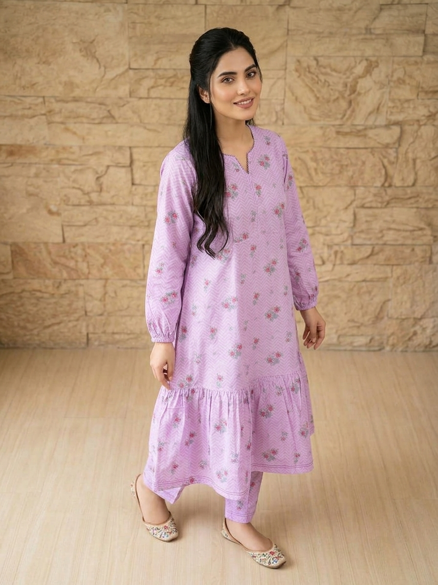 Sadabahar Lilac Meadow – Printed 2-Piece Cotton Frock & Trouser Set