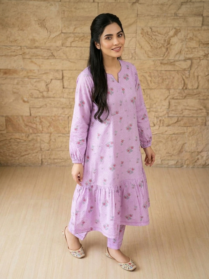 Sadabahar Lilac Meadow – Printed 2-Piece Cotton Frock & Trouser Set