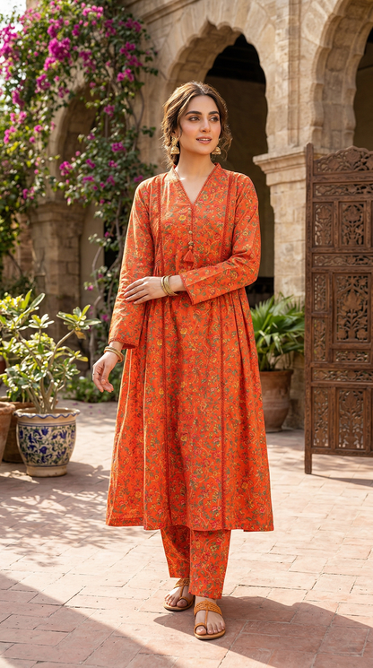 SADABAHAR Radiant Bloom: 2-Piece Printed lawn Frock Suit